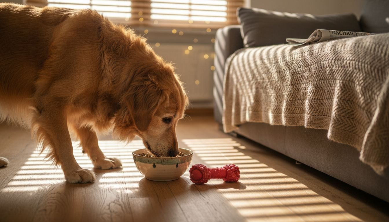 Ein Hund genießt sein Futter, das mit natürlichen Zusatzstoffen angereichert ist.