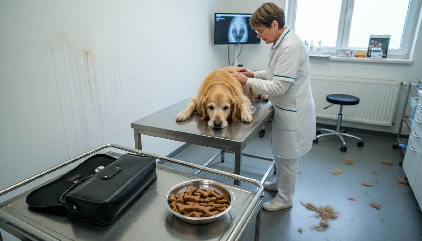 Eine Tierärztin führt eine gründliche Untersuchung bei einem älteren Hund in ihrer Praxis durch.