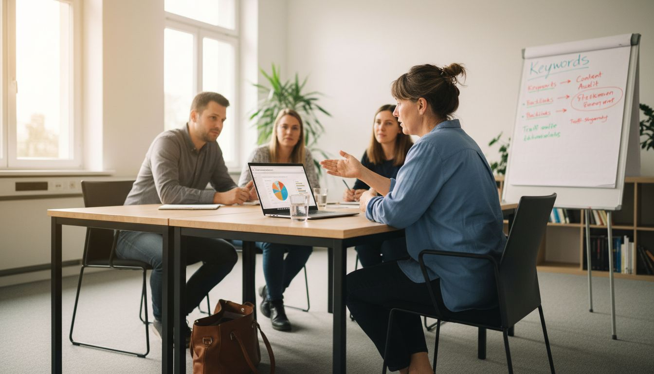 Das Team tauscht sich im Besprechungsraum über die SEO-Strategie aus.