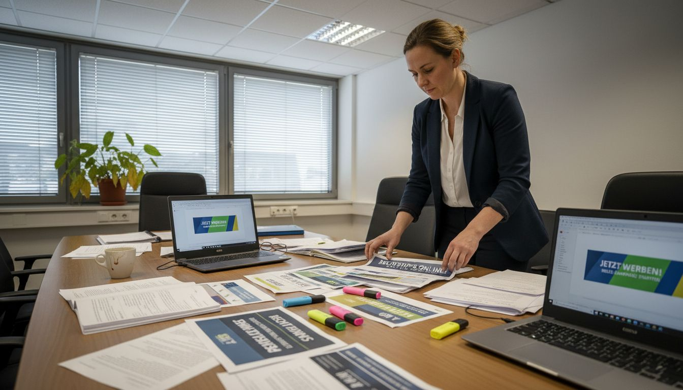 Die juristische Assistenz bereitet Entwürfe für Anzeigenlayouts vor.