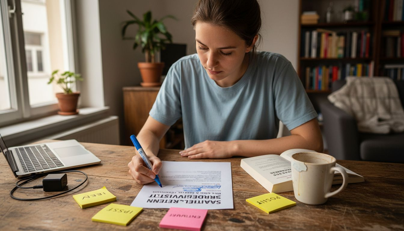 Eine Frau überarbeitet den ausgedruckten Entwurf ihres Blogbeitrags.