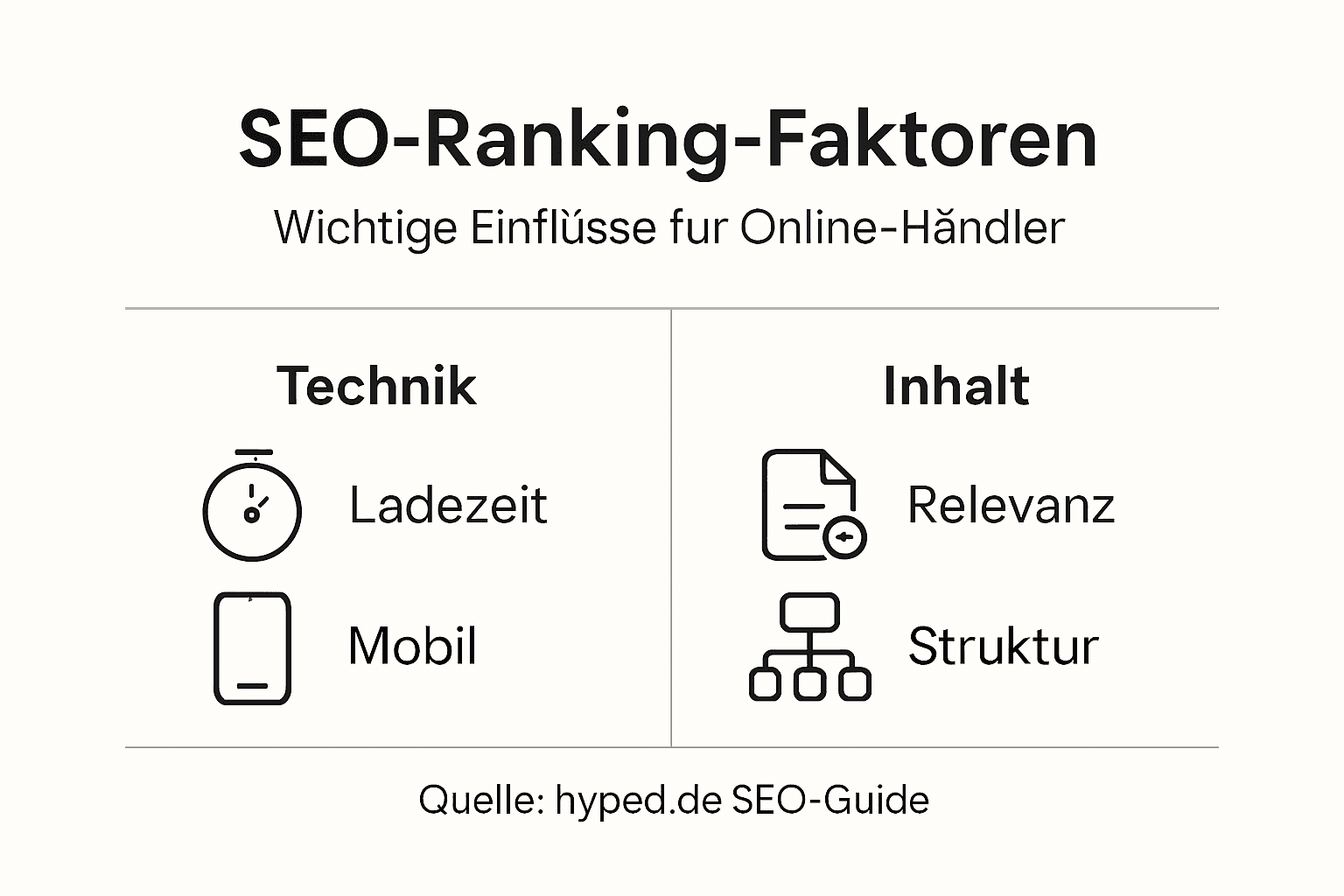 Übersichtliche Infografik zu den wichtigsten SEO-Rankingfaktoren – kompakt dargestellt in kurzen Schlagworten.