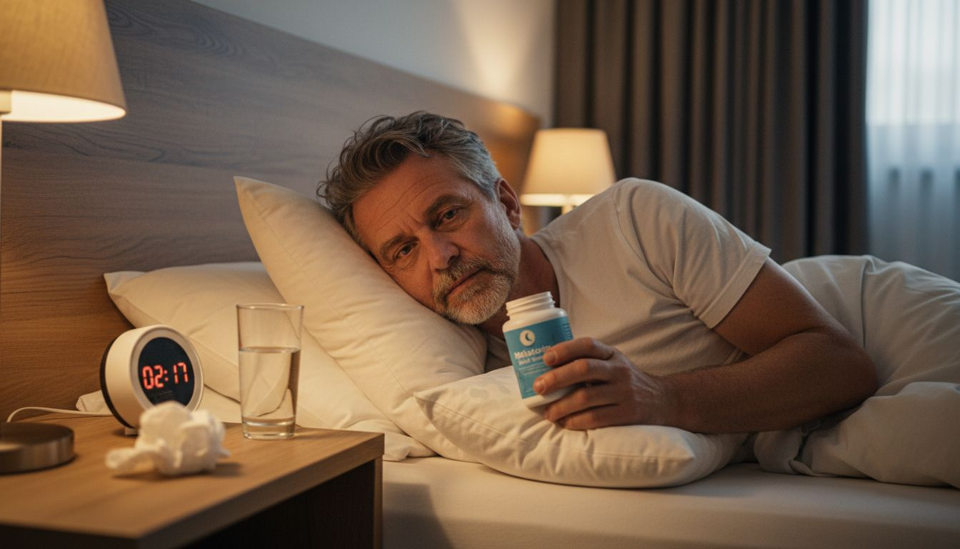 Ein Mann nimmt im Schlafzimmer ein Melatonin-Präparat ein.