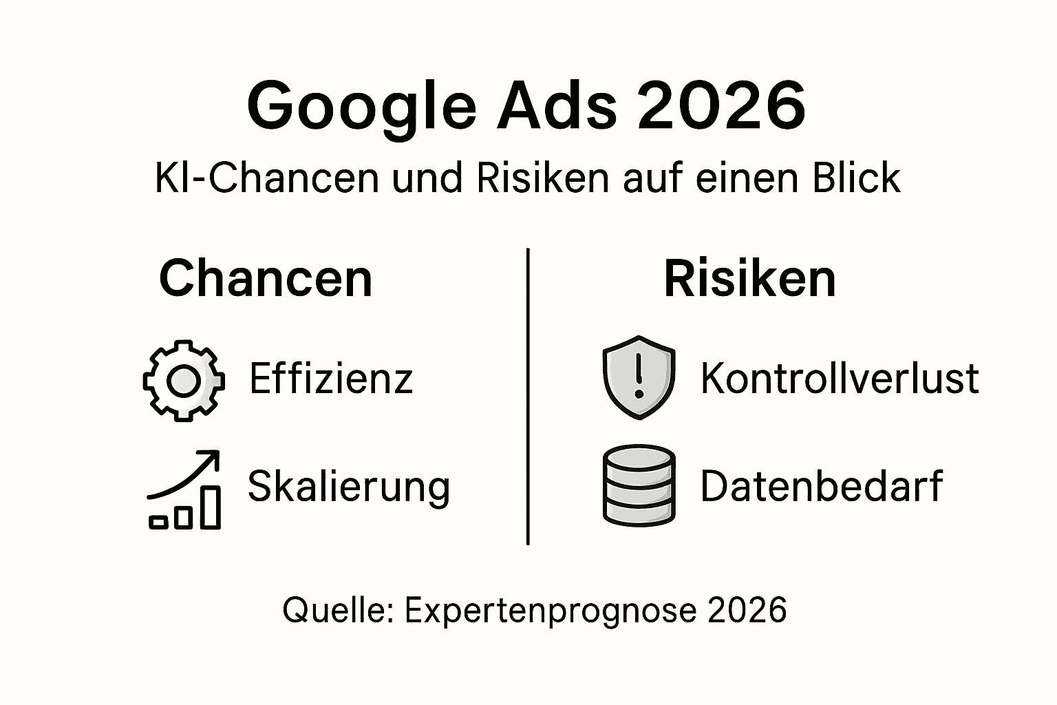 Eine anschauliche Infografik beleuchtet die Potenziale und Herausforderungen, die Google Ads im Jahr 2026 für Unternehmen mit sich bringt.