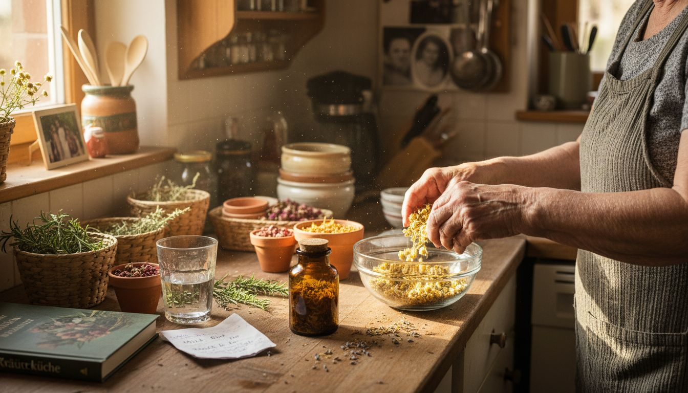 Eine ältere Dame stellt mit viel Sorgfalt die Zutaten für ein Hausmittel aus Kräutern zusammen.