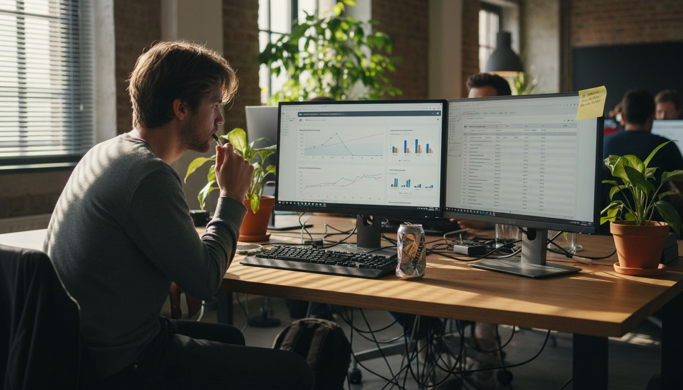 Ein SEO-Spezialist wertet am gemeinsamen Arbeitsplatz die aktuellen Analytics-Zahlen aus.