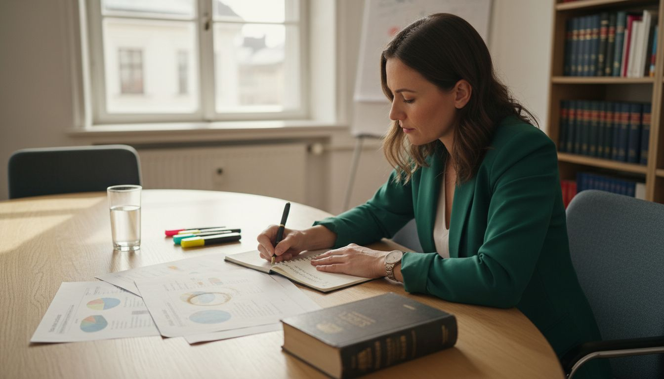 Eine Rechtsanwältin setzt sich mit ihrer Zielgruppe auseinander und analysiert deren Bedürfnisse in einer Besprechungsrunde.