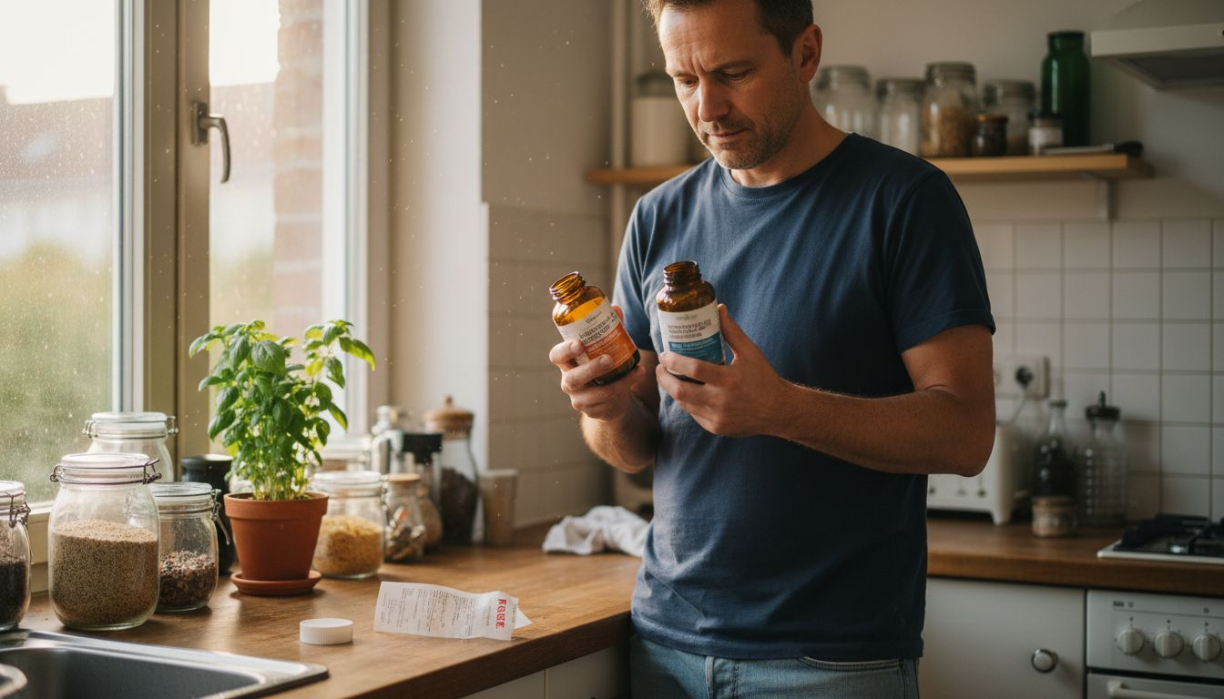 Ein Mann steht in seiner Küche und vergleicht verschiedene Nahrungsergänzungsmittel miteinander.