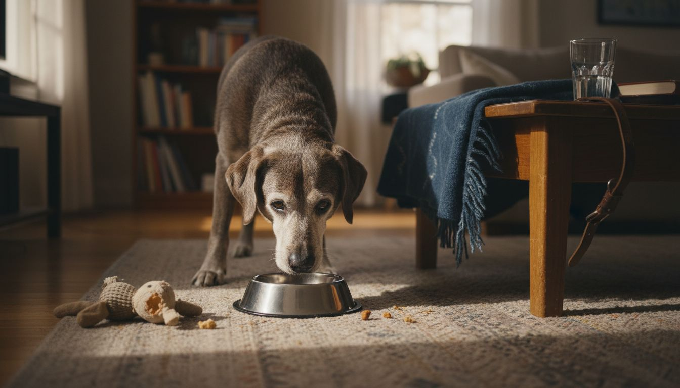 Ein Labrador beschnuppert neugierig seinen Futternapf im Wohnzimmer.
