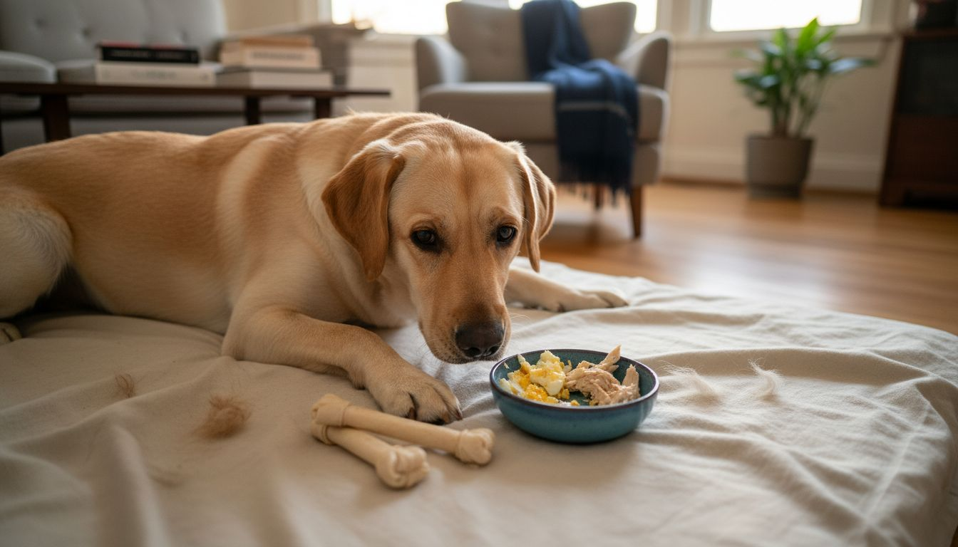 Ein Hund schnuppert neugierig an seinem Napf, der mit hochwertigem Eiweißfutter gefüllt ist.