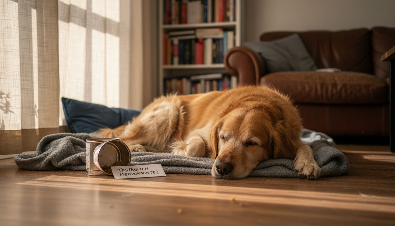 Ein Hund liegt ganz entspannt auf seiner Decke im Wohnzimmer.