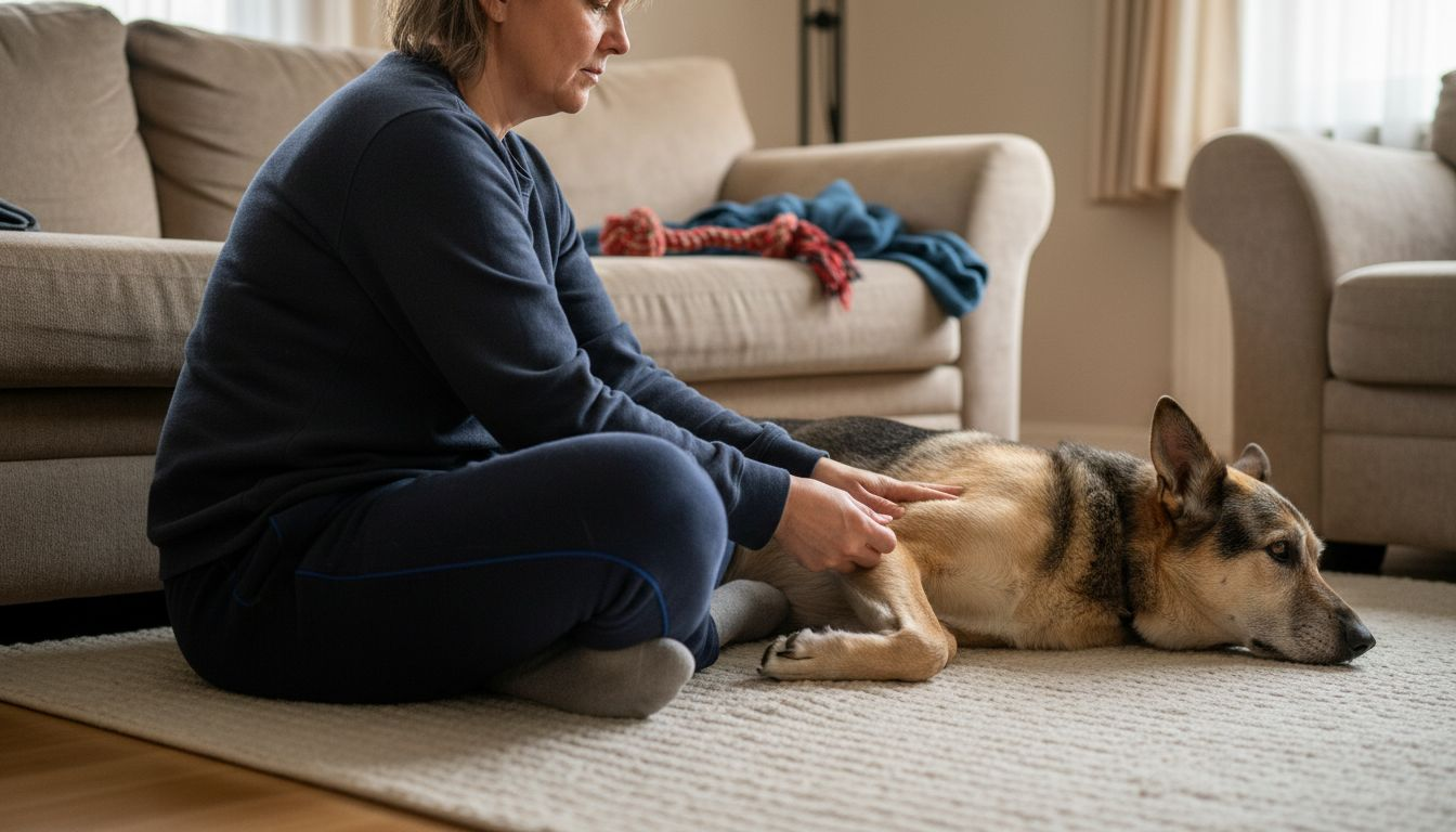 Eine Frau verwöhnt ihren Hund mit einer entspannenden Beinmassage.