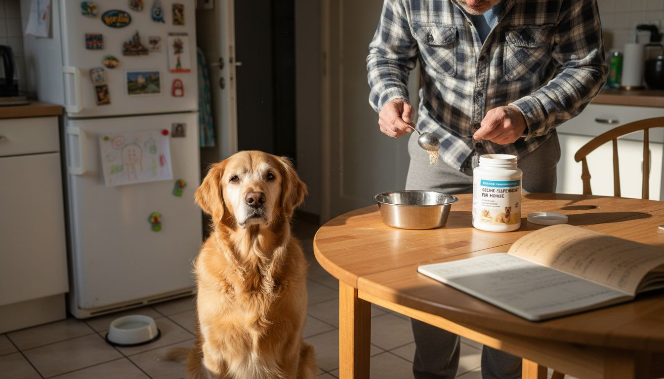 Ein Mann bereitet in seiner Küche die Nahrungsergänzungsmittel für seinen Hund vor.
