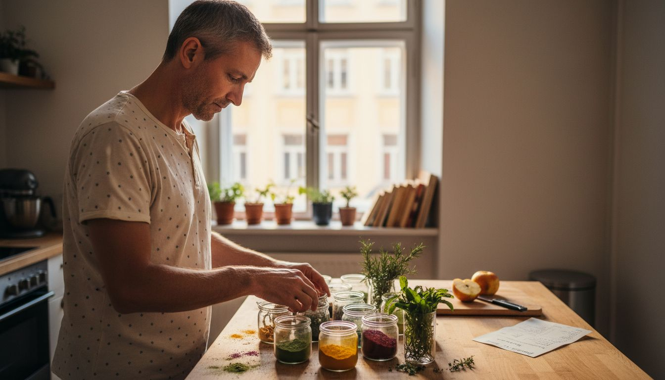Ein Mann stellt in seiner Küche verschiedene Bio-Pulver vor.
