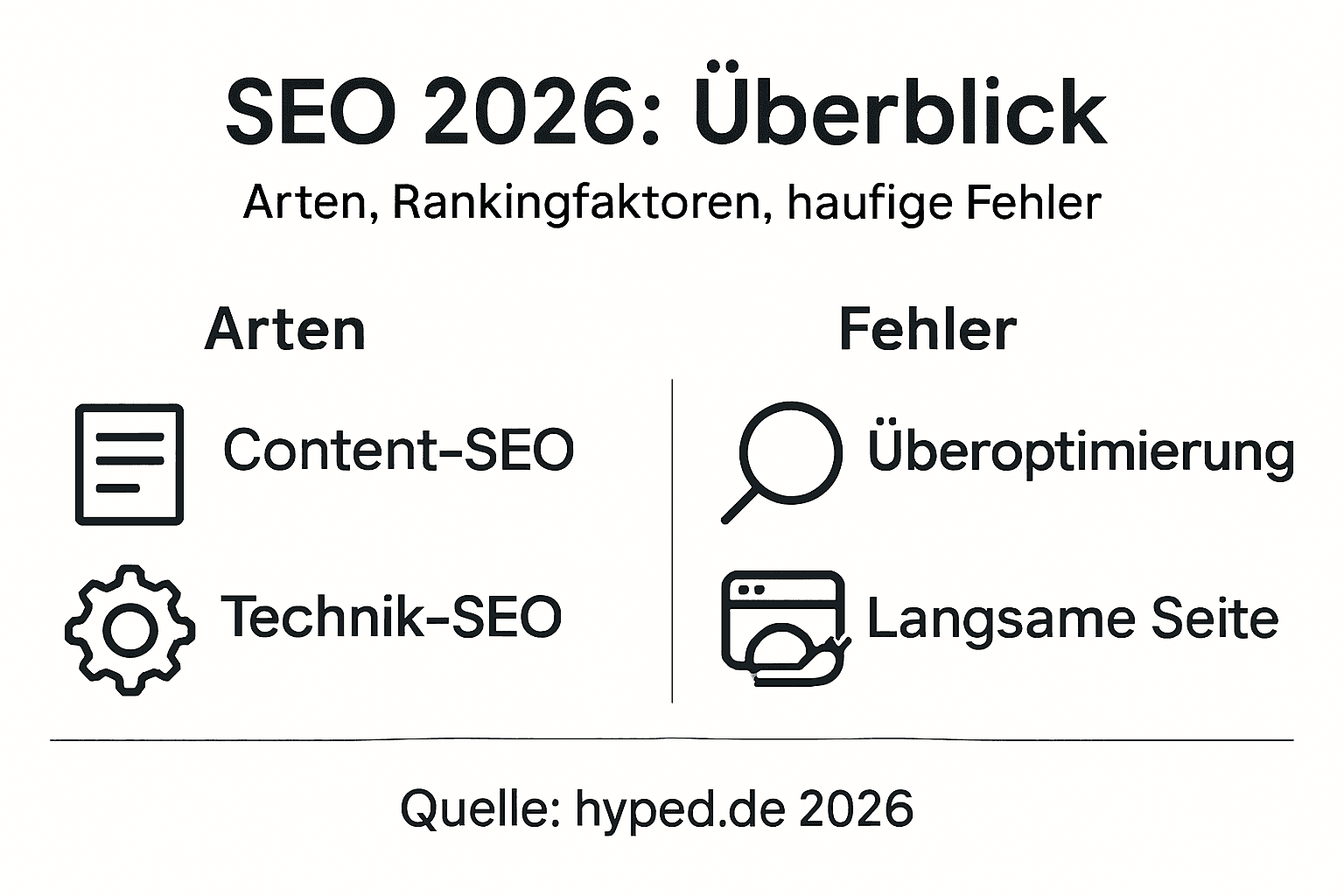Übersichtsgrafik: Die wichtigsten SEO-Strategien und typische Fehler auf einen Blick