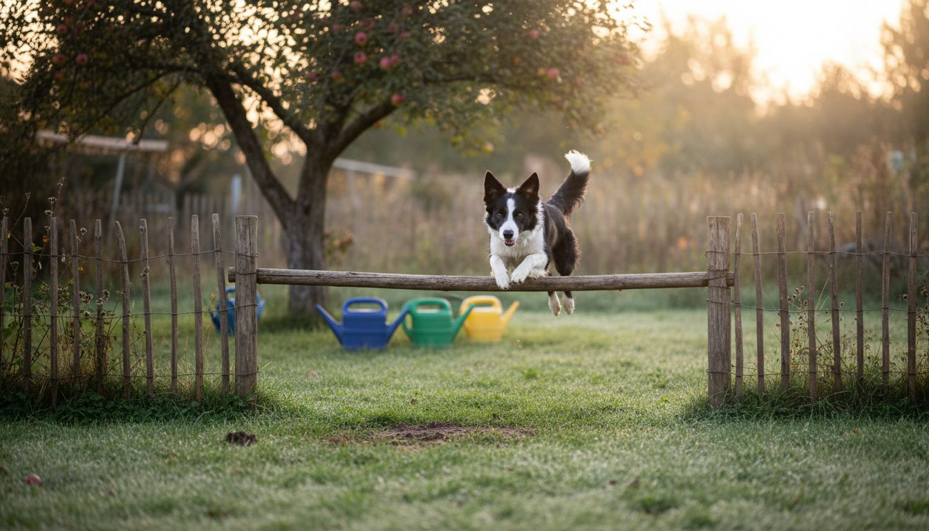 Ein aufgeweckter Border Collie tobt voller Energie durch den Garten.