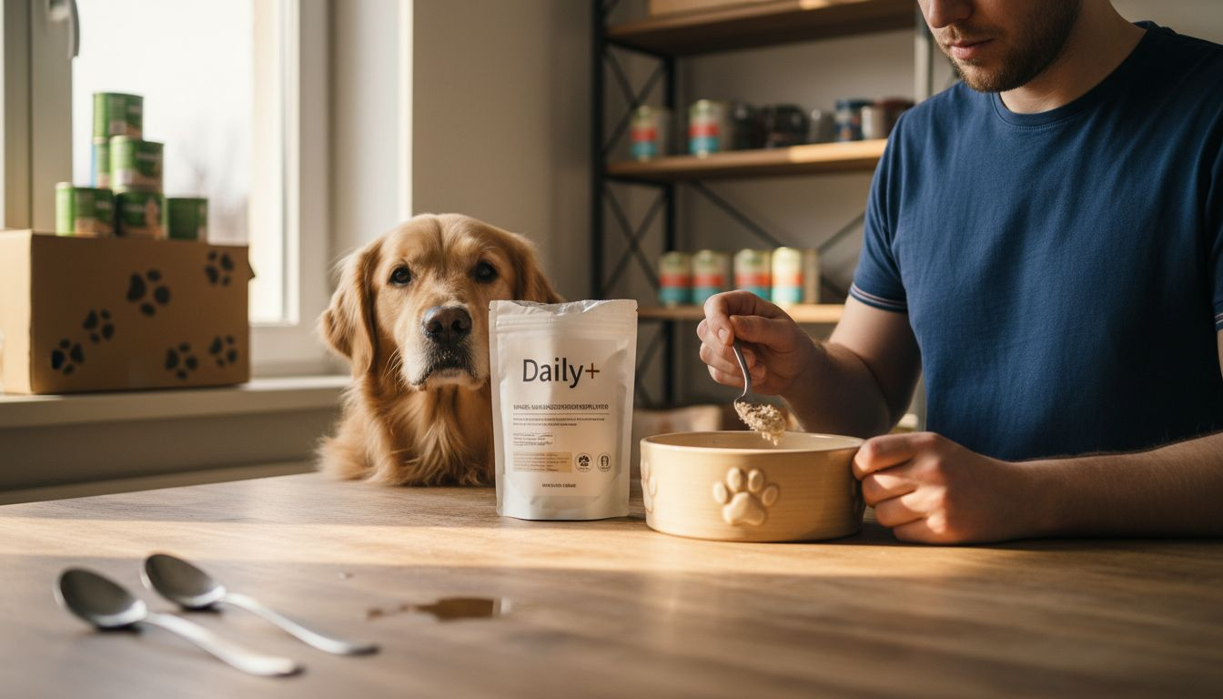 Der Hund bekommt vom Halter spezielle Nahrungsergänzungsmittel.