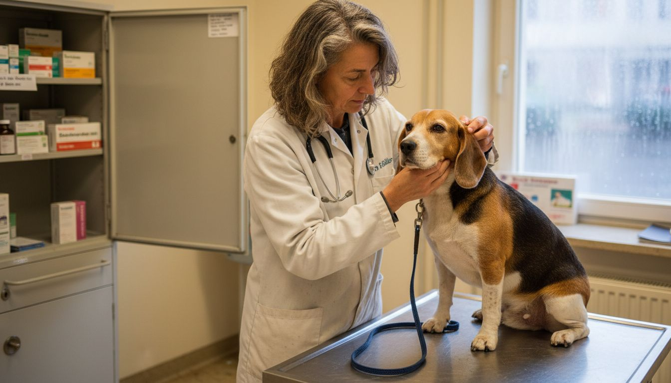 Eine Tierärztin führt eine Untersuchung bei einem Hund in ihrer Praxis durch.