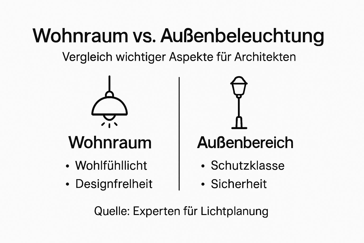 Die Infografik stellt Wohnbereiche und Außenbeleuchtung gegenüber und zeigt deren Unterschiede auf.