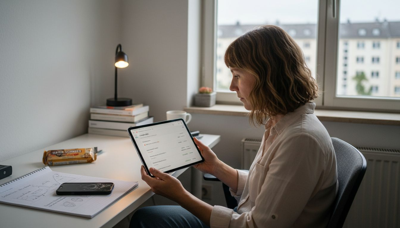 Eine Frau überprüft ihre Google Ads-Kampagnen auf dem Tablet.