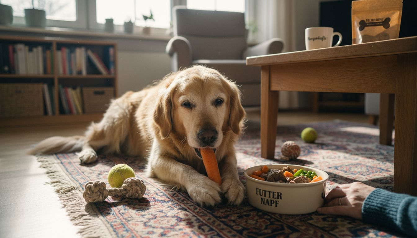 Ein älterer Hund genießt frisches, natürliches Hundefutter.