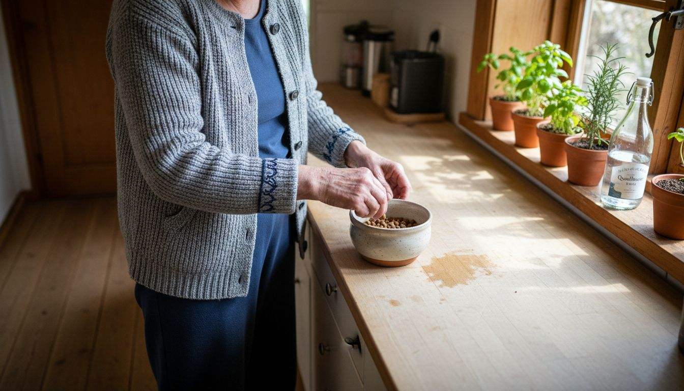 Eine Frau gibt ihrem Hund am Küchentresen etwas zu fressen.