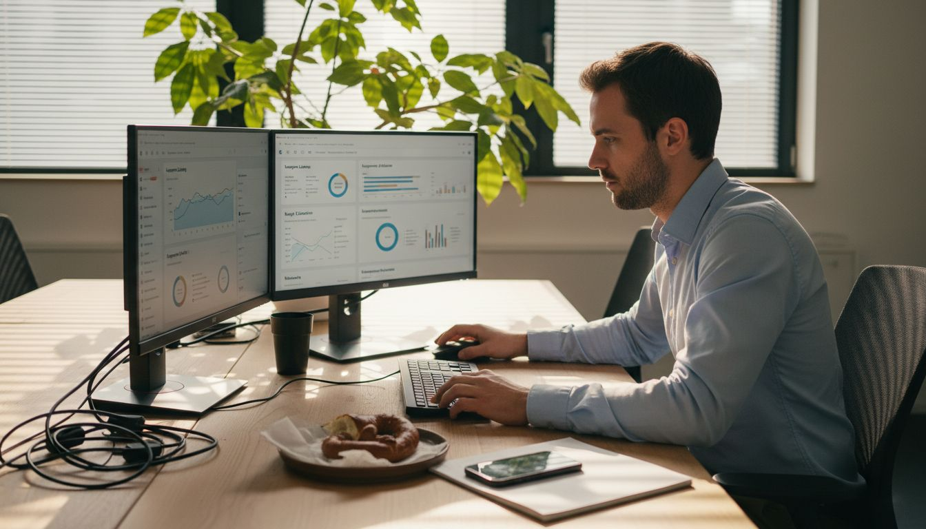 Ein Marketing-Experte analysiert am Computer die Ergebnisse einer SEA-Kampagne.