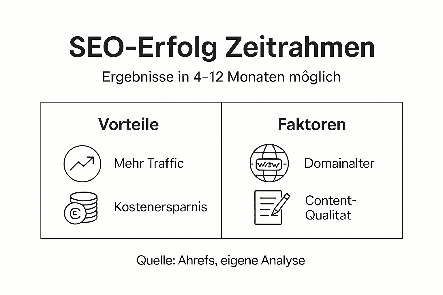 Die Infografik veranschaulicht, wie lange SEO-Maßnahmen wirken und welche Vorteile sie bieten.