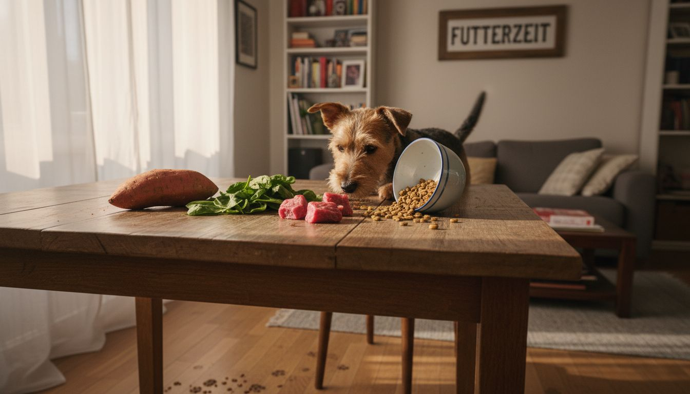 Ein neugieriger Terrier schnuppert an frischem Hundefutter und erkundet die neuen Zutaten.