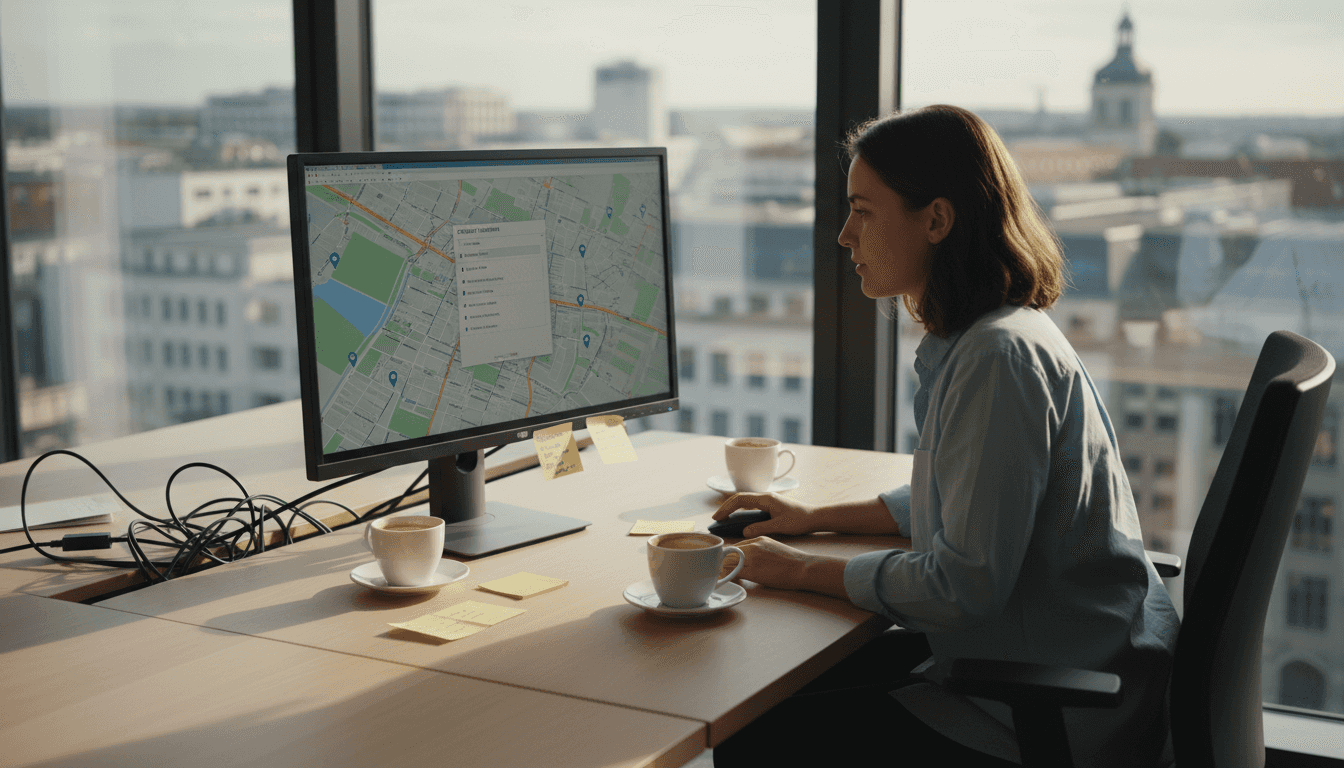 Im Büro beschäftigt sich eine Marketingexpertin mit der Erstellung und Optimierung von Geo-Markup-Daten.