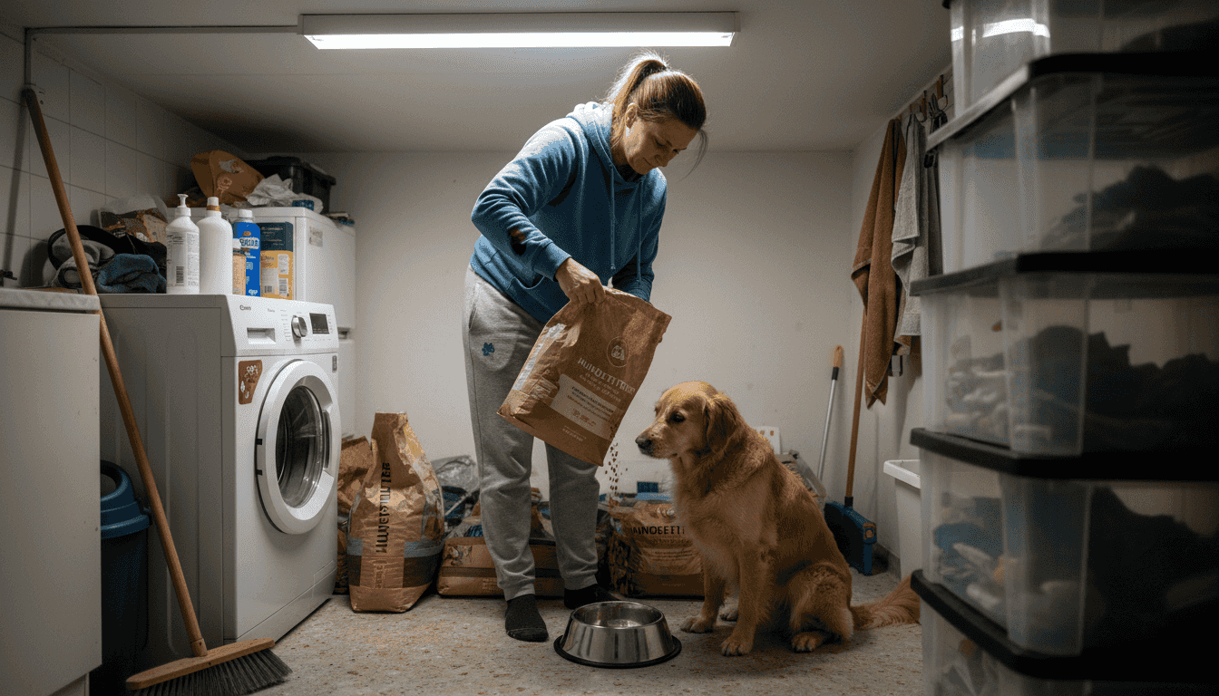 Ein Tierhalter bereitet das Trockenfutter neben den Vorräten für sein Haustier vor.