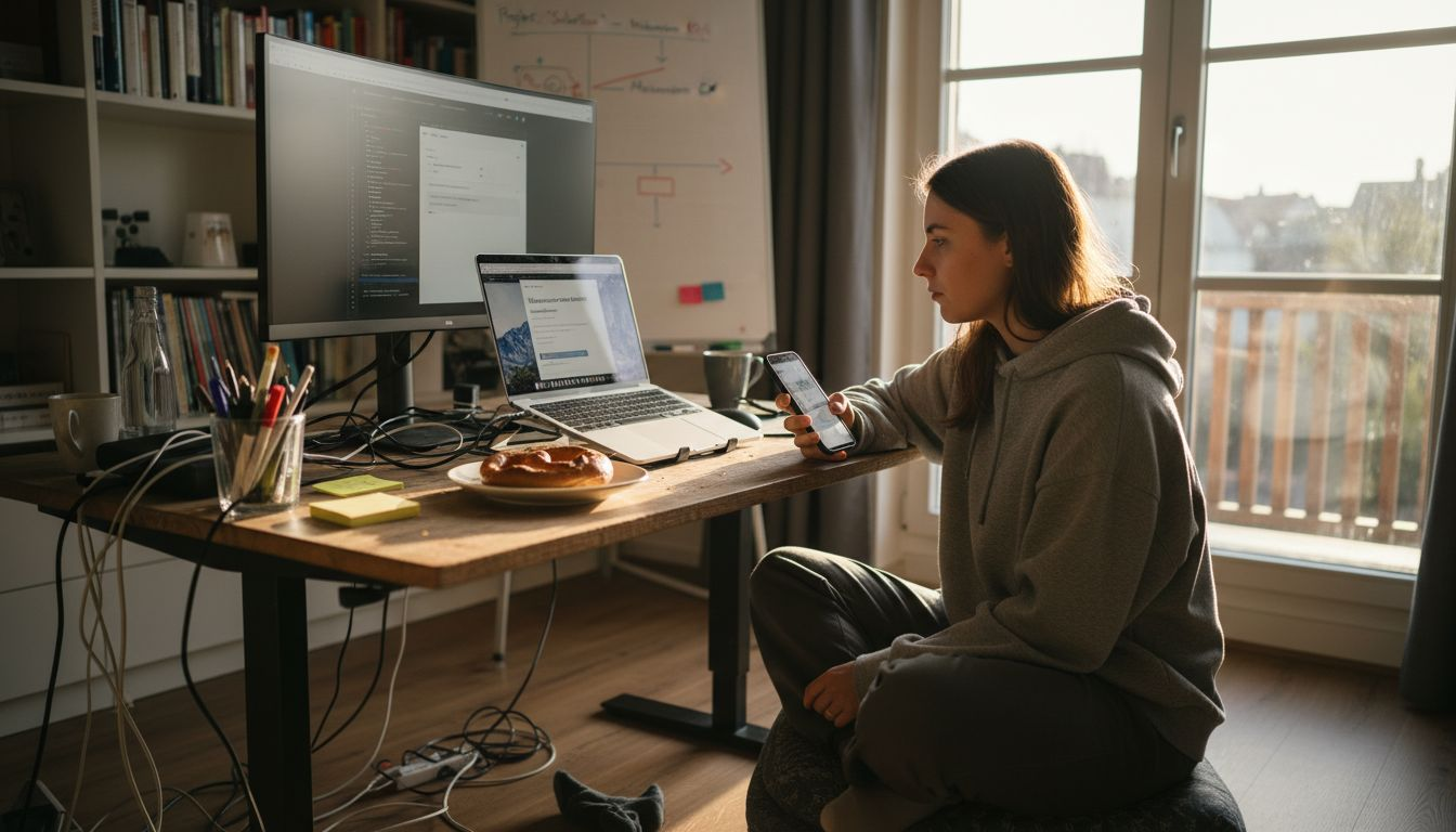 Ein Entwickler prüft am Schreibtisch die Funktionalität einer mobiloptimierten Website.