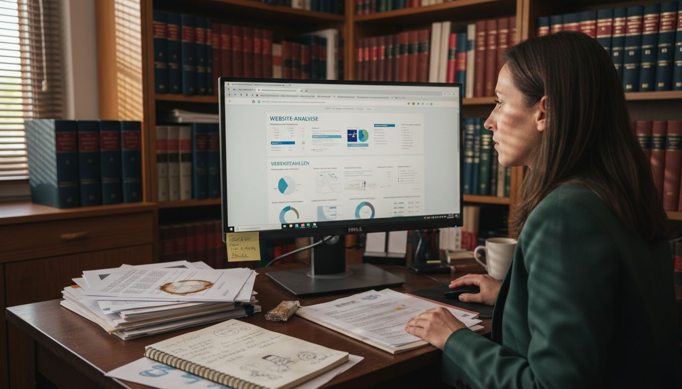 Eine Anwältin wirft einen Blick auf die Auswertungen ihrer Website, während sie am Schreibtisch sitzt.