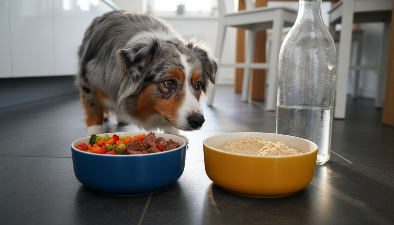 Ein Australian Shepherd steht vor zwei Futternäpfen und vergleicht neugierig deren Inhalt.