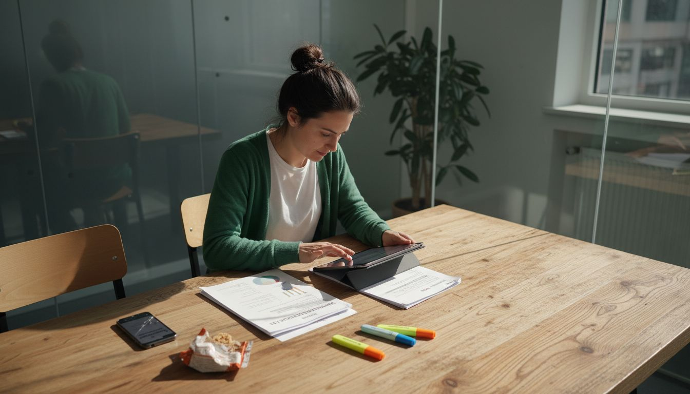 Eine Frau analysiert SEO-Daten und vergleicht die Ergebnisse auf einem Tablet mit Ausdrucken.