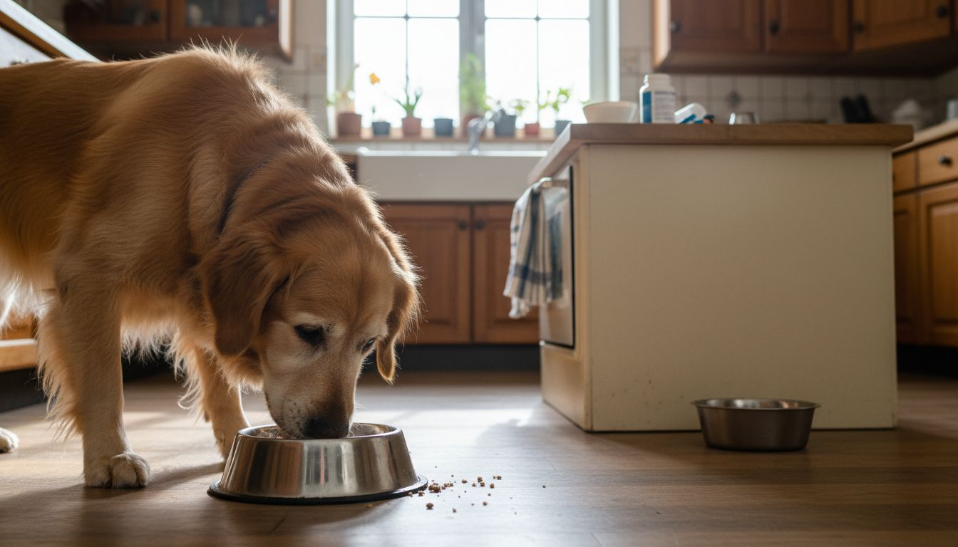 In der Küche genießt der Hund sein Futter, das mit einem Zusatz angereichert ist.