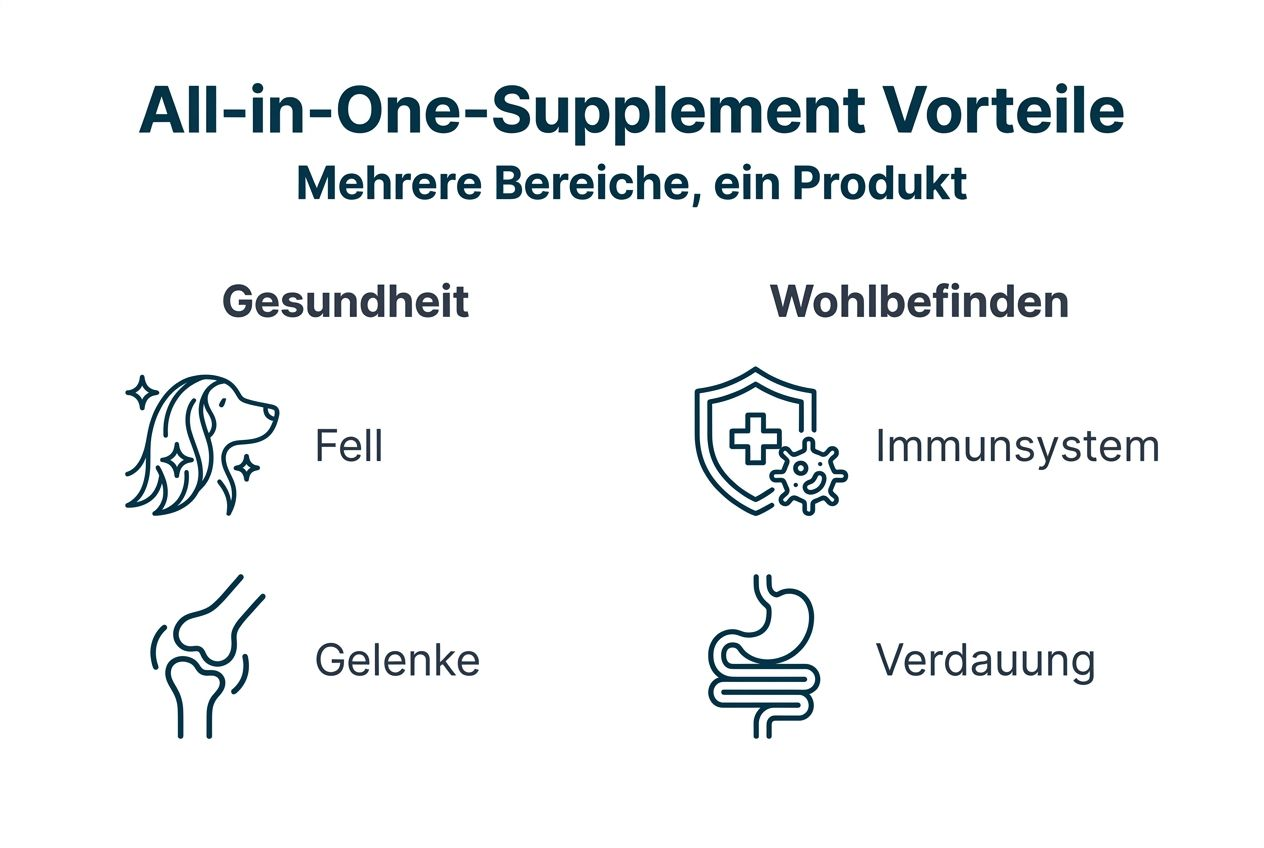 Infografik: Die wichtigsten Vorteile von All-in-One-Nahrungsergänzungsmitteln für Hunde auf einen Blick