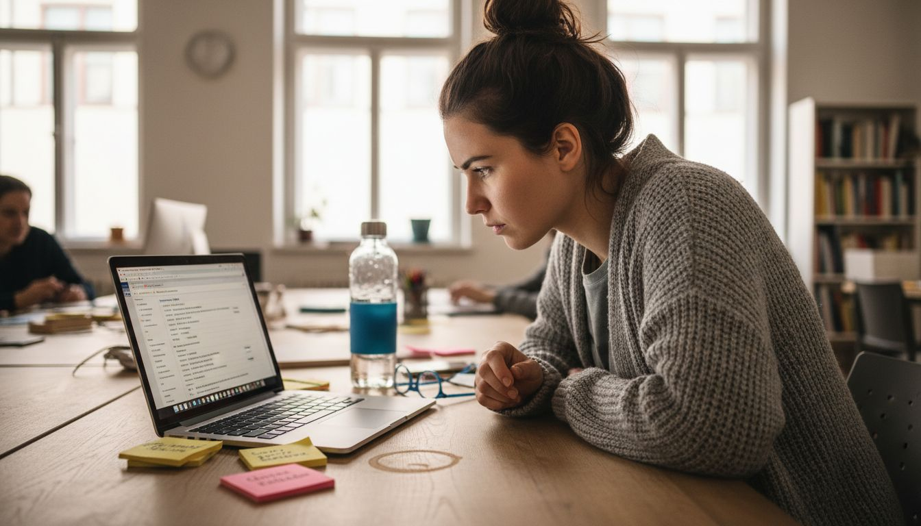 Eine Frau sitzt an einem Gemeinschaftstisch und recherchiert passende Suchbegriffe für ihr Projekt.