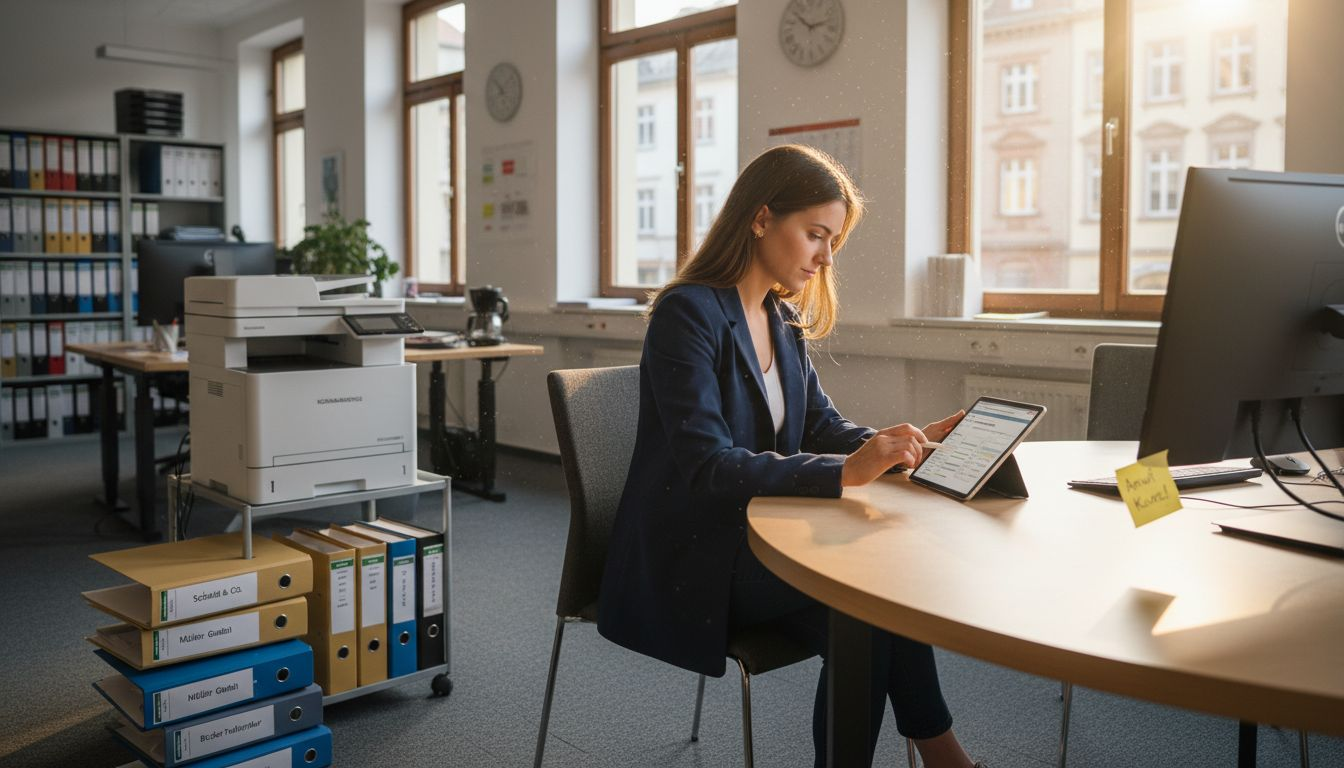 Eine Steuerberaterin gibt am Besprechungstisch Daten in ihren Laptop ein.
