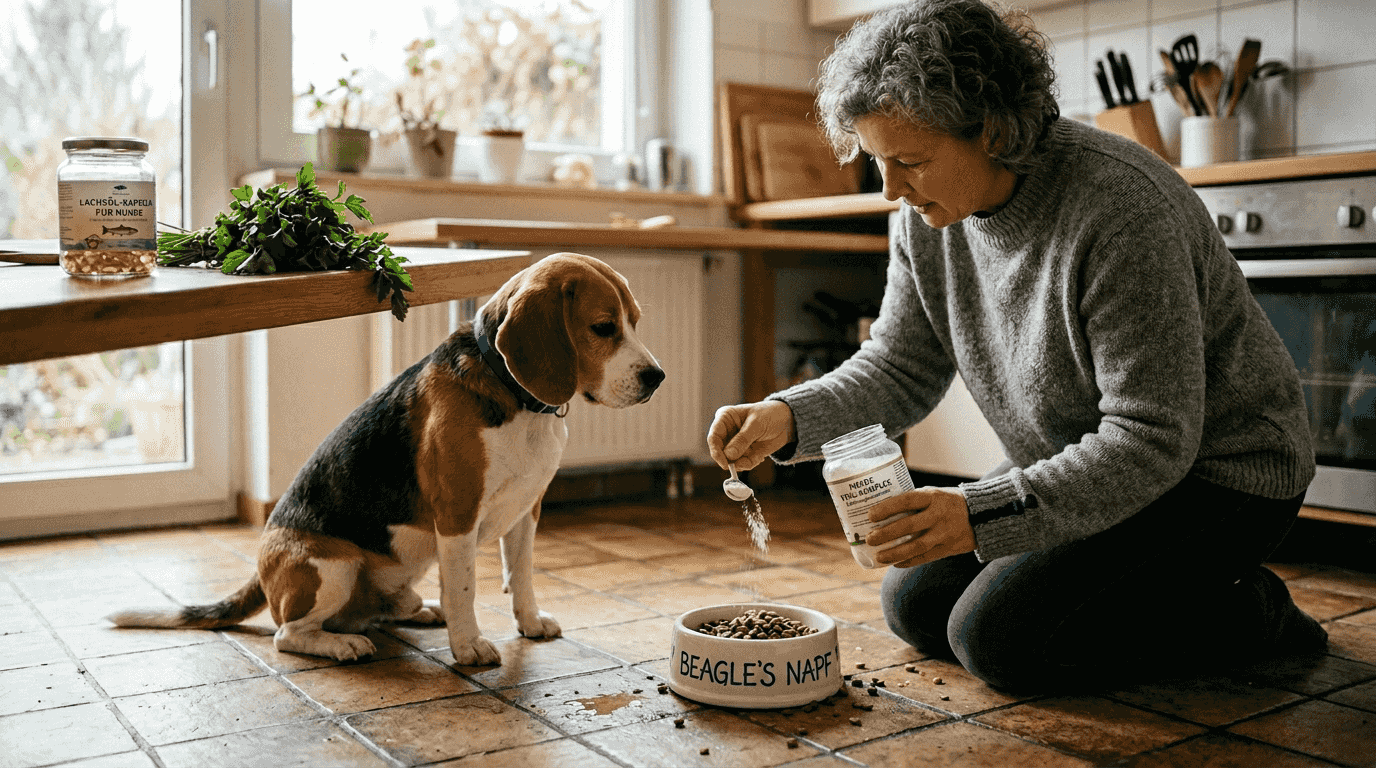 Eine Frau gibt ihrem Hund ein Nahrungsergänzungsmittel ins Futter.
