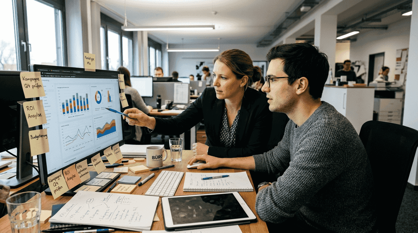 Das Team wirft gemeinsam einen Blick auf die aktuelle Google Ads Kampagne und analysiert die bisherigen Ergebnisse.