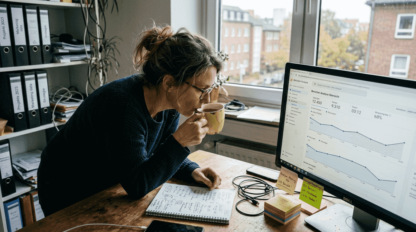 Eine Frau sitzt an ihrem Schreibtisch und wertet die Interaktionen der Nutzer mithilfe von Analysedaten aus.