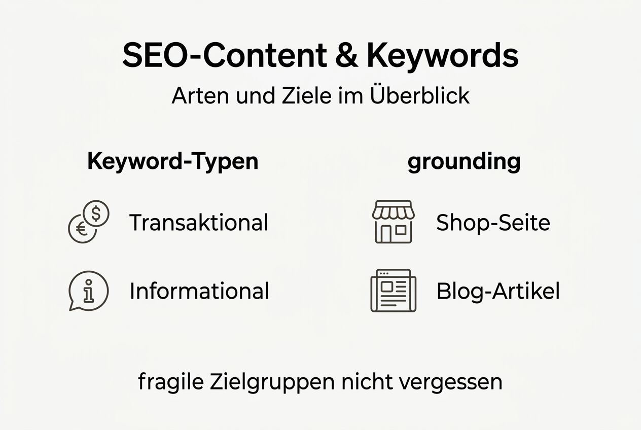 Übersicht: Verschiedene Arten von SEO-Keywords und Content-Formaten in einer Infografik