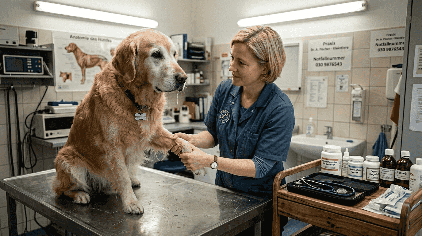 Eine Tierärztin führt eine Untersuchung bei einem Hund durch, der spezielle Nahrungsergänzungsmittel bekommt.