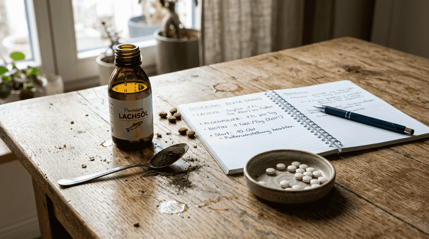 Eine Auswahl an natürlichen Futterzusätzen auf einem Holztisch arrangiert