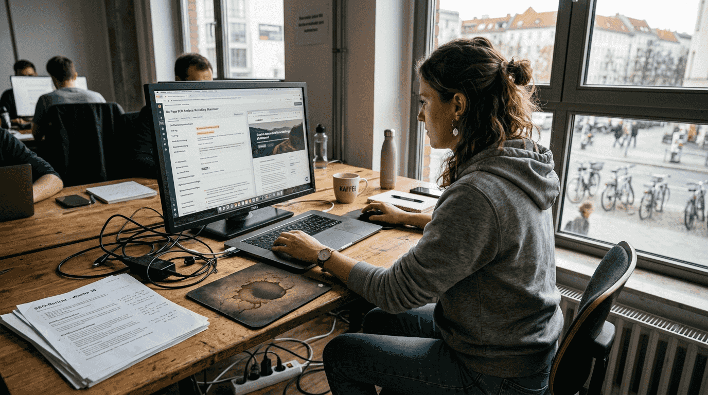 Eine Frau arbeitet konzentriert an den SEO-Einstellungen an ihrem Schreibtisch im Coworking-Space.