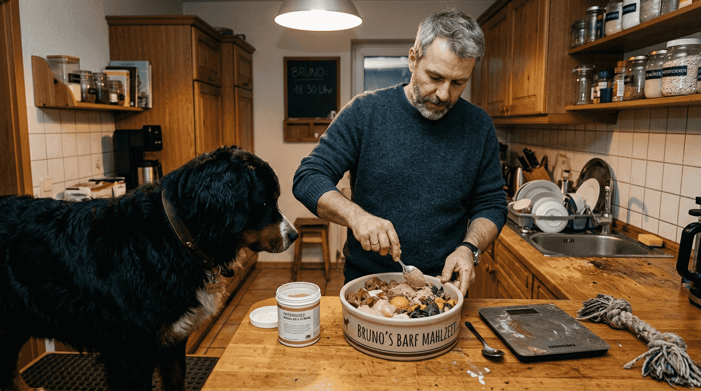 Ein Mann verfeinert das BARF-Futter seines Hundes mit einer natürlichen Nahrungsergänzung.