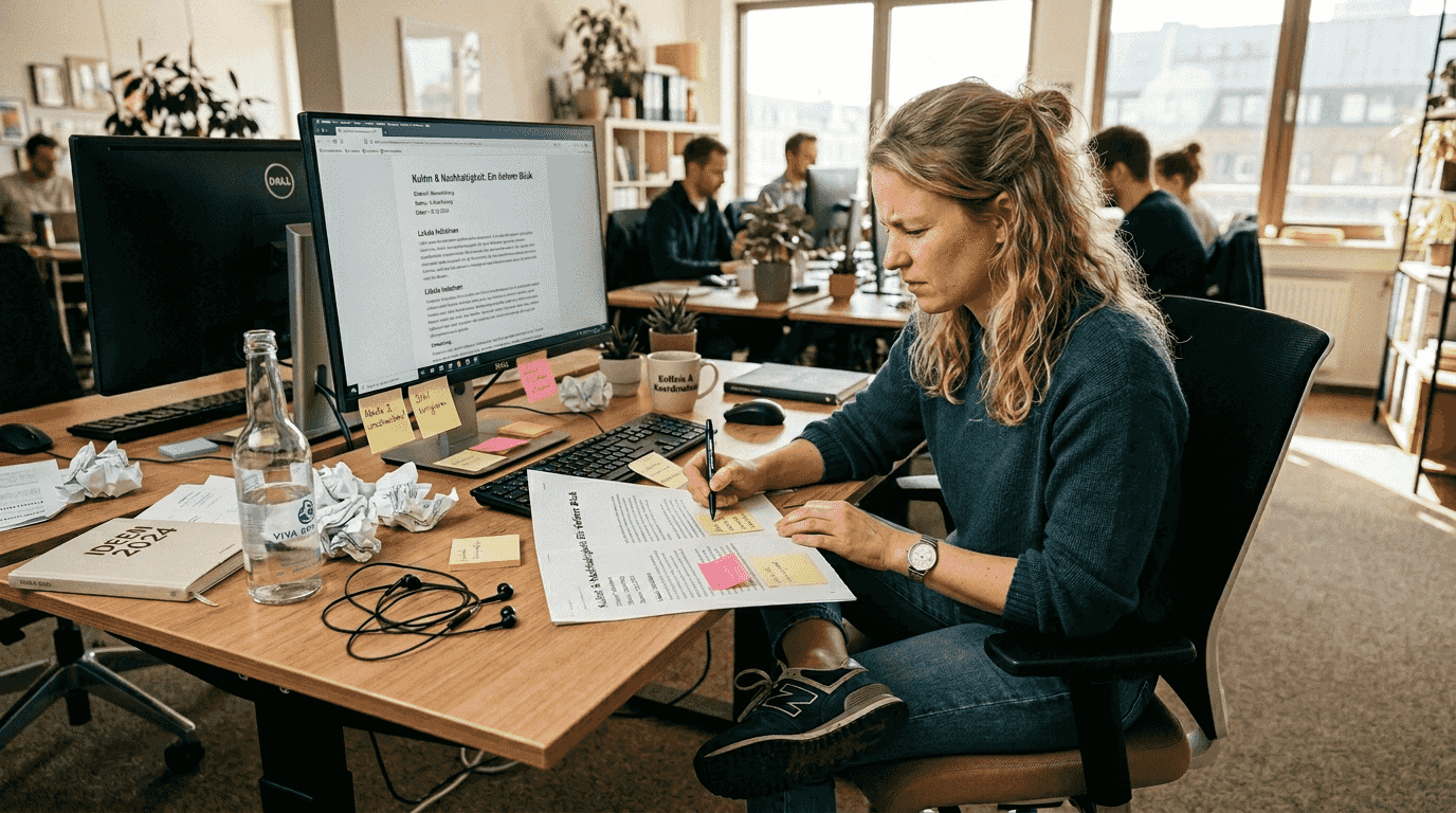 Redakteur prüft Artikelentwürfe und Notizen auf Inhalt und Qualität