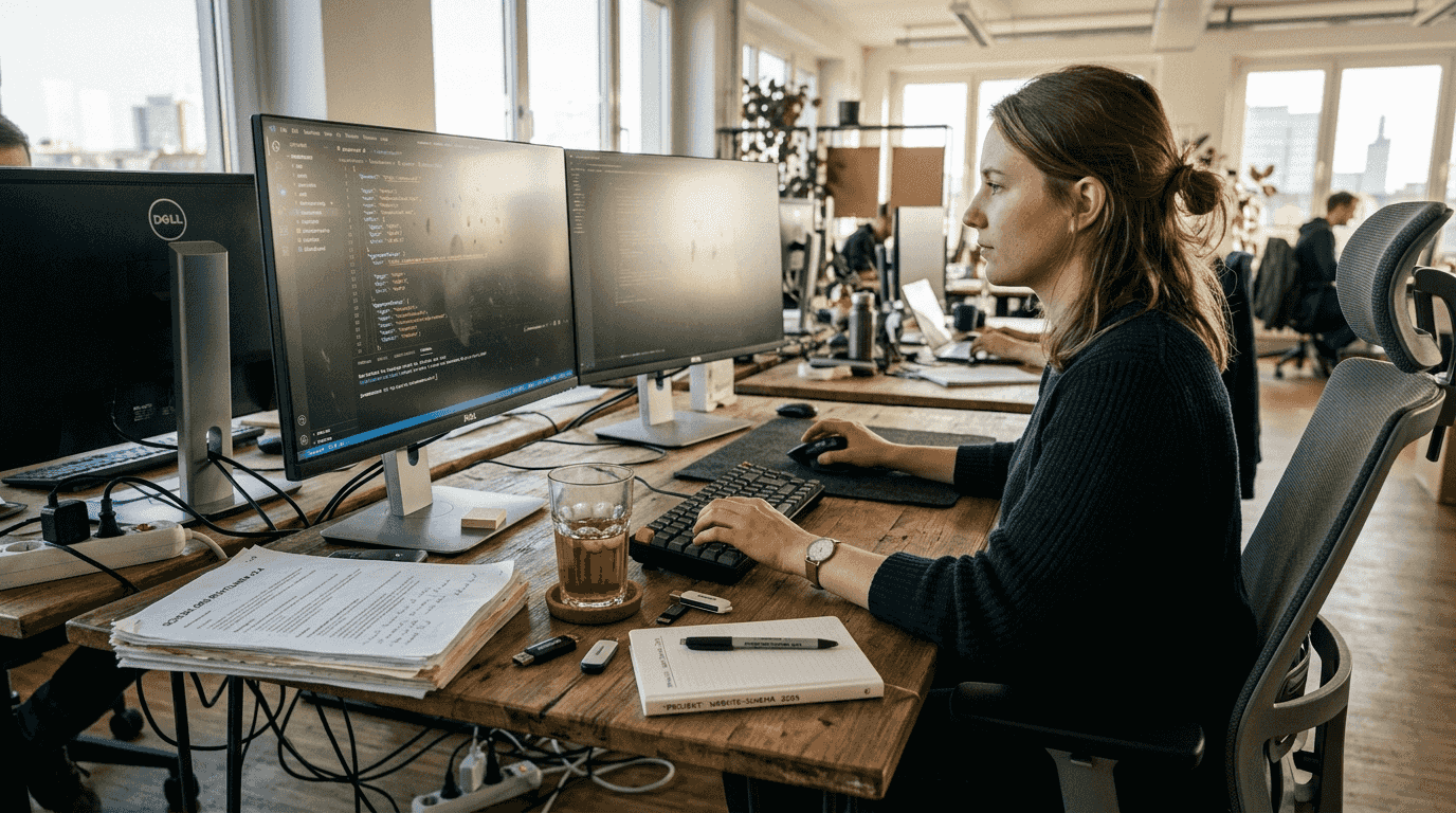 Ein Fachmann arbeitet an der Aktualisierung des Website-Schemas und nutzt dabei zwei Bildschirme gleichzeitig.