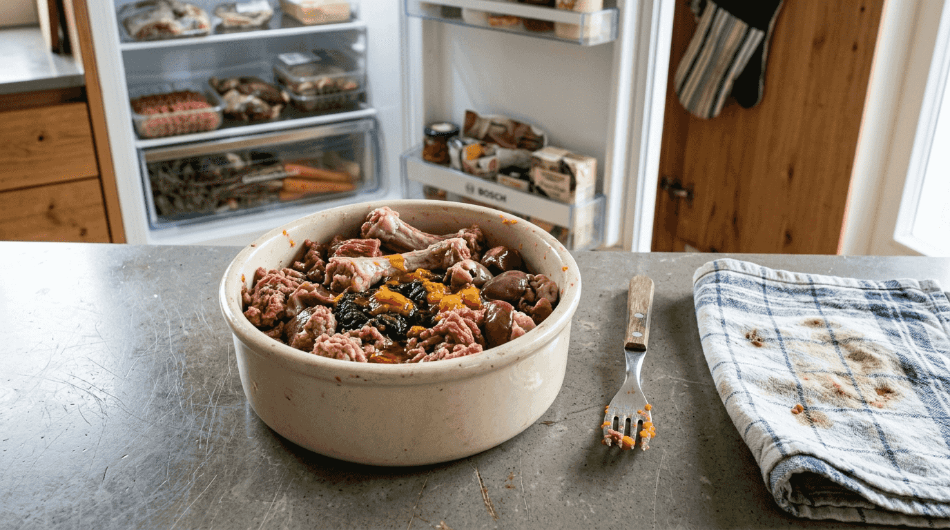 Frische BARF-Mahlzeit für Hunde mit rohen Zutaten